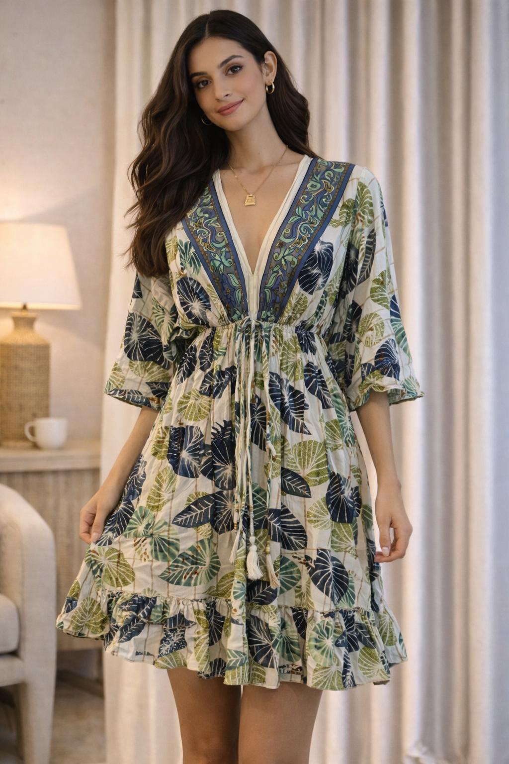 Boho Leave Green Short Dress
